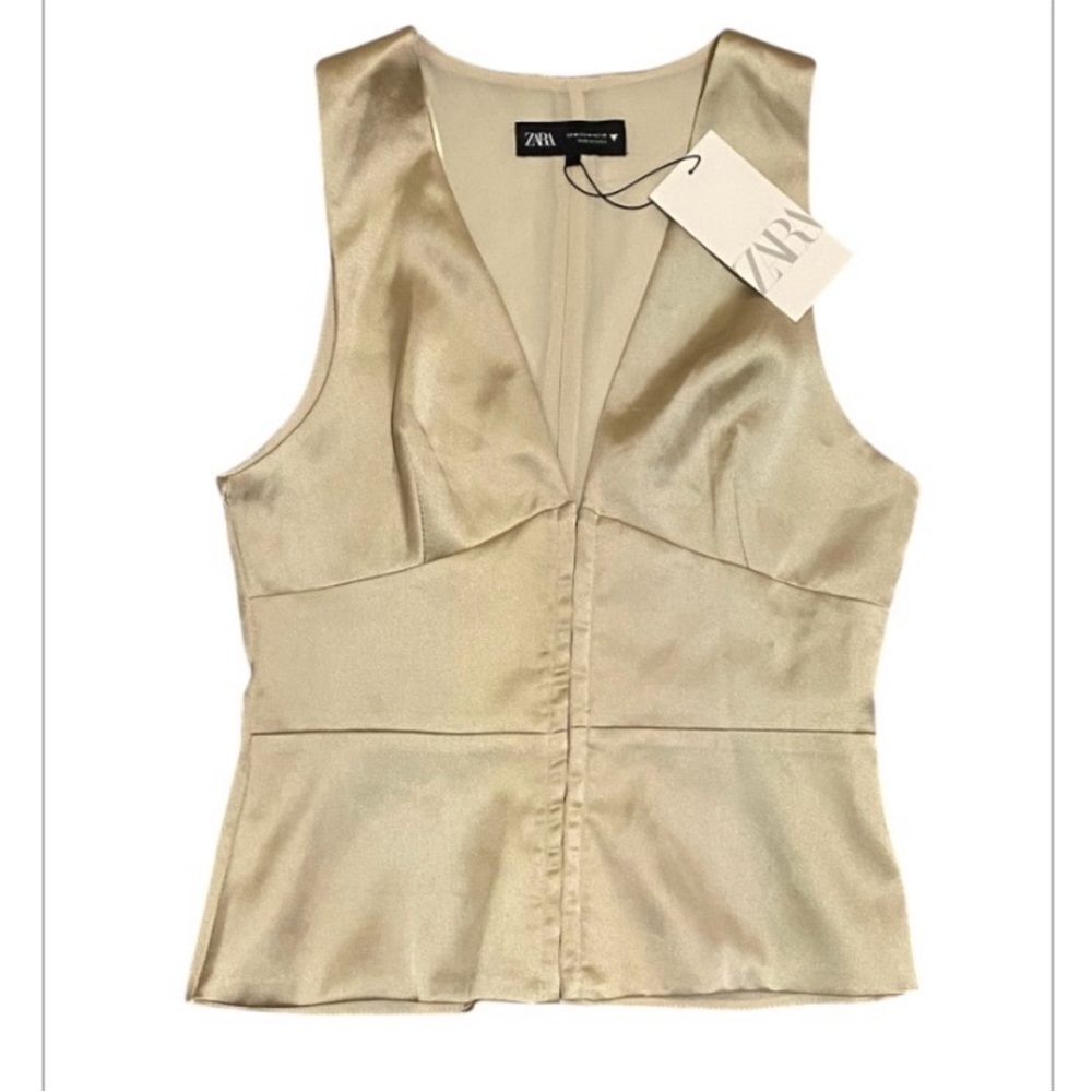 NWT ZARA Gorgeous Cream/Gold Satin Plunge V-Neck Structured Tank/shell size s/m